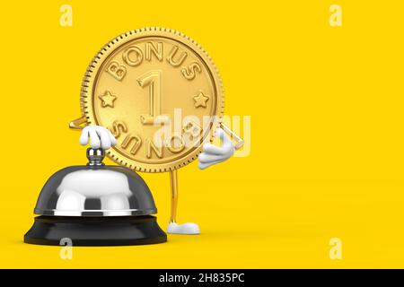 Golden Loyalty Program Bonus Coin Person Charakter Maskottchen mit Hotel Service Bell Call auf einem gelben Hintergrund. 3D Rendering Stockfoto