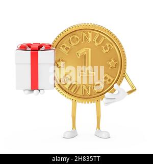 Golden Loyalty Program Bonus Coin Person Character Maskottchen mit Geschenkbox und rotem Band auf weißem Hintergrund. 3D Rendering Stockfoto