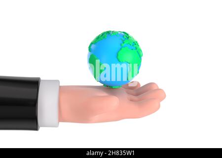 Cartoon Hand hält Plasticine Earth Globe auf weißem Hintergrund. 3D Rendering Stockfoto