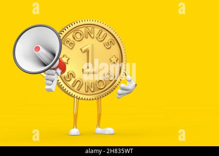 Golden Loyalty Program Bonus Coin Person Charakter Maskottchen mit rotem Retro Megaphon auf gelbem Hintergrund. 3D Rendering Stockfoto