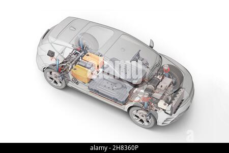 Elektrische generische Auto technische Cutaway 3D Rendering mit allen wichtigsten Details der EV-System in Ghost-Effekt mit Zeichnung. Perspektivische Draufsicht auf weißem Hintergrund Stockfoto