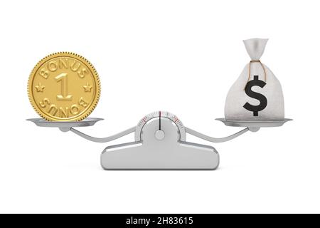 Golden Loyalty Program Bonusmünze mit Rustikaler Geldtasche Balancing auf einer einfachen Gewichtsskala auf weißem Hintergrund. 3D Rendering Stockfoto