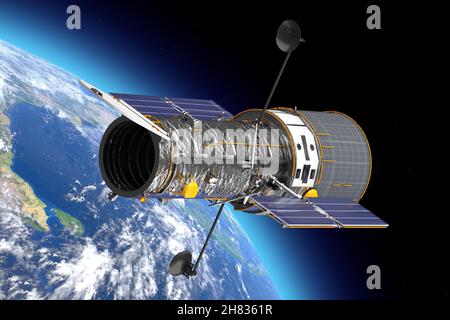 Weltraumteleskop Hubble im Freiraum in der Nähe von Planete Erde extreme Nahaufnahme. Elemente dieses Bildes, die von der NASA eingerichtet wurden. 3D Rendering Stockfoto