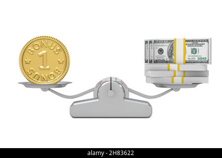 Golden Loyalty Program Bonusmünze mit Geld Balancing auf einer einfachen Gewichtungsskala auf weißem Hintergrund. 3D Rendering Stockfoto