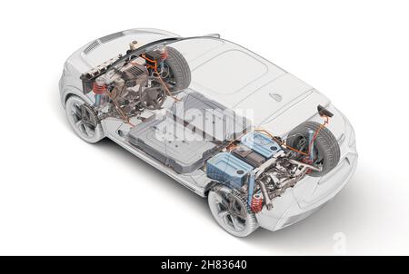 Elektrische generische Auto technische Cutaway 3D Rendering mit allen wichtigsten Details der EV-System in Ghost-Effekt mit Zeichnung. Perspektivische Draufsicht auf weißem Hintergrund Stockfoto