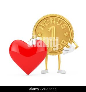 Golden Loyalty Program Bonus Coin Person Character Maskottchen mit rotem Herz auf weißem Hintergrund. 3D Rendering Stockfoto