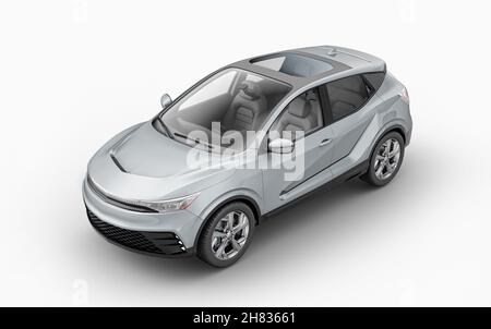 Generisches Elektro- oder Hybridauto. Crossover-SUV in Silber. Perspektivische Vogelperspektive. Stockfoto