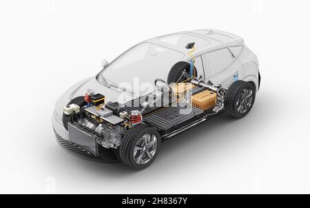 Elektrische generische Auto technische Cutaway 3D Rendering mit allen wichtigsten Details der EV-System in Ghost-Effekt mit Zeichnung. Perspektivische Vogelperspektive auf whit Stockfoto