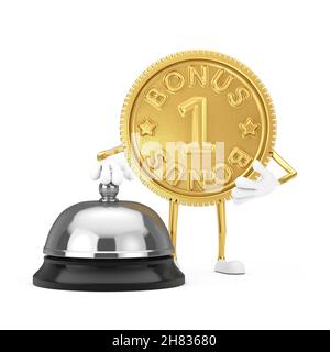 Golden Loyalty Program Bonus Coin Person Charakter Maskottchen mit Hotel Service Bell Call auf weißem Hintergrund. 3D Rendering Stockfoto