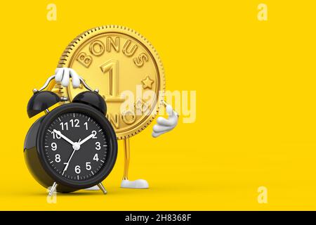 Golden Loyalty Program Bonus Coin Person Character Maskottchen mit Wecker auf gelbem Hintergrund. 3D Rendering Stockfoto