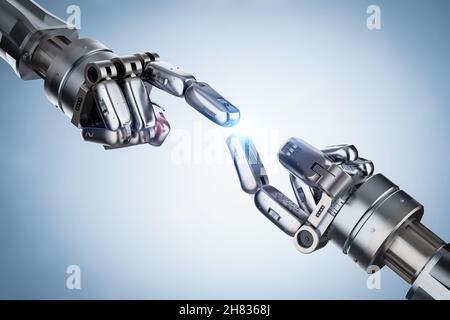 Technologie Verbindung Konzept mit 3D-rendering Roboterhand zeigen Stockfoto