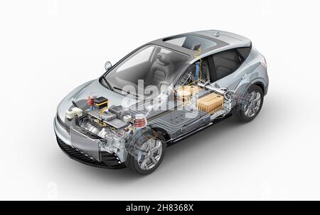 Elektrische generische Auto technische Cutaway 3D Rendering mit allen wichtigsten Details der EV-System in Ghost-Effekt. Perspektivische Vogelperspektive auf weißem Hintergrund. Stockfoto