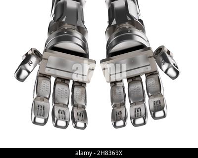 3D Rendering Roboterhand mit Hand mit der Handfläche öffnen isoliert auf weiss Stockfoto