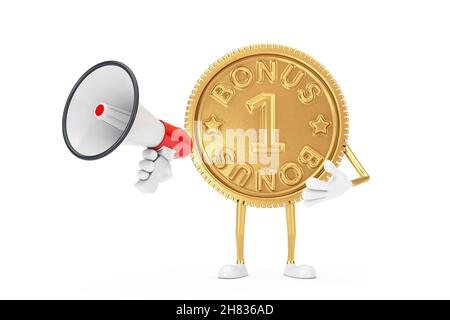 Golden Loyalty Program Bonus Coin Person Character Mascot mit rotem Retro Megaphon auf weißem Hintergrund. 3D Rendering Stockfoto
