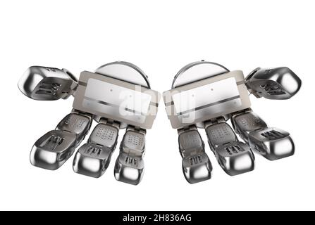 3D Rendering Roboterhand mit Hand mit der Handfläche öffnen isoliert auf weiss Stockfoto