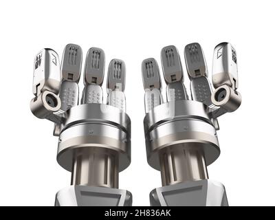 3D Rendering Roboterhand mit Hand mit der Handfläche öffnen isoliert auf weiss Stockfoto