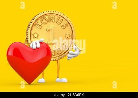 Golden Loyalty Program Bonus Coin Person Character Maskottchen mit rotem Herz auf gelbem Hintergrund. 3D Rendering Stockfoto