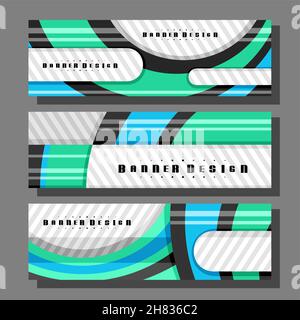 Vektor-Header-Set, 3 bunte Layouts mit dekorativen Designkurven mit Platz für Werbetext, kreative Header-Vorlagen für Werbung, horizontal Stock Vektor