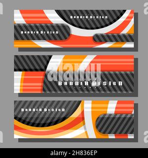 Vektor-Header-Set, 3 bunte Layouts mit dekorativen Designkurven mit Platz für Werbetext, kreative Header-Vorlagen für Werbung, horizontal Stock Vektor