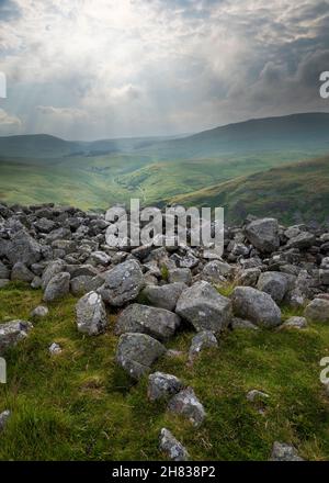 Die Aussicht von Brough Gesetz, der Breamish Tal in Richtung Hartside und Linhope in der Northumberland National Park, England Stockfoto