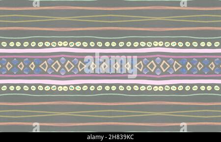 Farbenfrohe Tribal-Ornamente. Graue Amerikanische Tapete. Gezeichnet von Bleistift Native Motiv. Geometrischer Bohemian-Druck. Grauer Tribal-Hintergrund. Geometrische Et Stockfoto