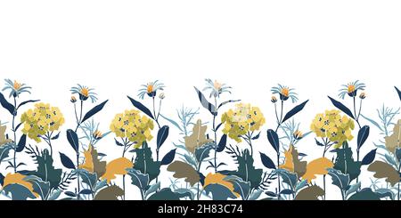 Vektor florales Nahtloses Muster, Rand. Wunderschöne orange, olivfarbene und gelbe Blüten und Blütenblätter mit grünen, blauen und grauen Zweigen und Blättern. Stock Vektor