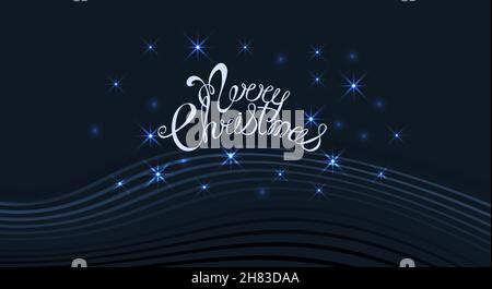 Vektor Frohe Weihnachten Grußkarte. Weißer Handschriftzug auf dunkelblauem Hintergrund, verziert mit Sternen und Verlaufslinien. Stock Vektor