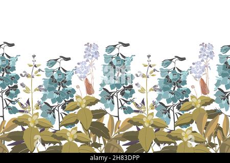 Vektor florales Nahtloses Muster, Rand. Blau-grüne Delphinium-Blüten mit Olivenzweigen und Blättern. Stock Vektor