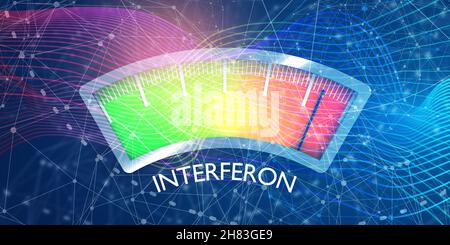 Interferon-Pegelskala mit Pfeil. Das Messgerätesymbol. Schild Tachometer, Tachometer, Anzeigen. Infografik Messelement. 3D-Rendering Stockfoto