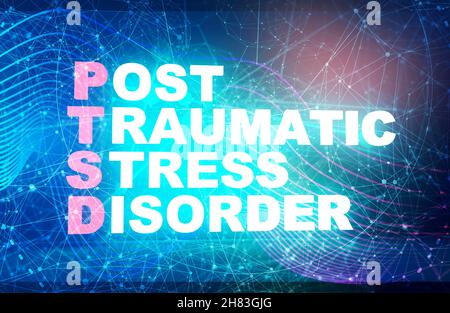 Akronym PTSD - Posttraumatische Belastungsstörungen. Helthcare konzeptionelle Bild. 3D-Rendering. Neon Lampe Beleuchtung Stockfoto