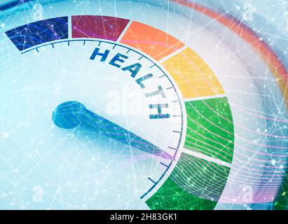 Farbskala mit Pfeil von Rot nach Grün. Das Symbol für die Integritätsmessung. Tachometer, Tachometer, Anzeigen. Bunte Infografieanzeige Stockfoto