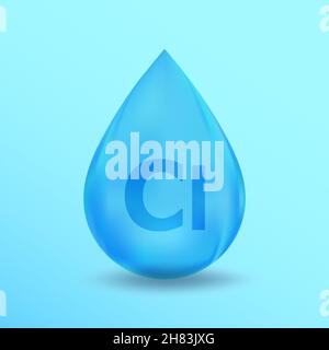 Realistisches Mineral Drop CL Chlorum Design. Blaues Nutrition Design für Beauty-, Kosmetik-, Heide-Werbung. CL Chlorum Mineral Design Stock Vektor