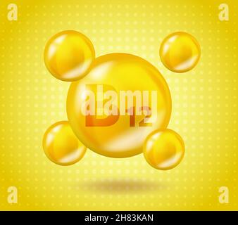 Realistisches Vitamin B12 Cyanocobalamin-Design. Gelbes Konzept zur Darstellung der Ernährung. 3D Vitamin Complex B12 Cyanocobalamin Design. Kapsel abtropfen lassen. Stock Vektor