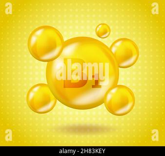 Realistisches Vitamin B1 Thiamin Design. Gelbes Konzept zur Darstellung der Ernährung. 3D Vitamin Complex B1 Thiamin Design. Kapsel abtropfen lassen. Stock Vektor