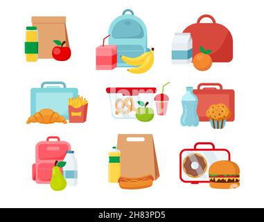 Schule Mittagessen Lebensmittel Boxen Mahlzeit und Snack. Vektorgrafik in flacher Ausführung EPS 10 Stockfoto