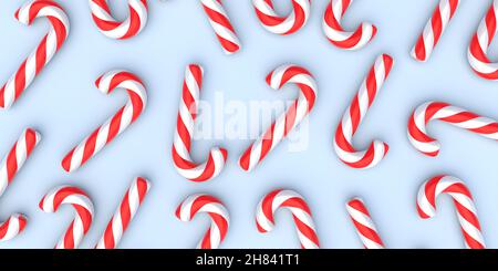 Weihnachtsbonbons auf pastellblauem Hintergrund. Merry Xmas Konzept. Pfefferminzrot weiß gestreift traditionelle Kinder Bonbons flach Lay, Muster. 3D Abb. Stockfoto