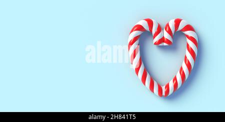 Candy Canes Herzform auf pastellblauem Hintergrund, Platz. Vorlage für frohe Weihnachten. Pfefferminzrot weiß gestreifte traditionelle Süßigkeiten für Kinder. 3D Abb. Stockfoto