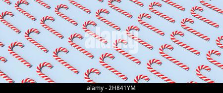 Weihnachtsbonbons auf pastellblauem Hintergrund. Merry Xmas Konzept. Pfefferminzrot weiß gestreift traditionelle Kinder Bonbons flach Lay, Muster. 3D Abb. Stockfoto