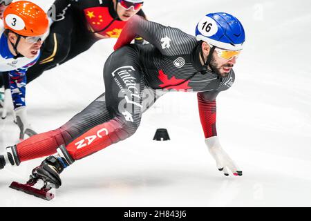 Dordrecht, Niederlande. 27th. November 2021. DORDRECHT, NIEDERLANDE - 27. NOVEMBER: Steven Dubois aus Kanada tritt beim ISU World Cup Short Track Speed Skating Dordrecht am 27. November 2021 auf dem Optisport Sportboulevard in Dordrecht, Niederlande an (Foto von Douwe Bijlsma/Orange Picics) Kredit: Orange Pics BV/Alamy Live News Stockfoto