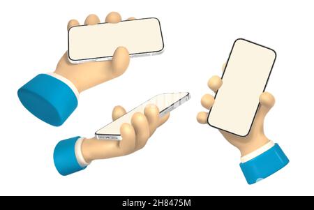 Zeichentrickfiguren mit Smartphone, Scrollen oder Suchen nach etwas. 3D Rendering Hand Geschäftsmann in Anzug. Vektorgrafik. Stock Vektor