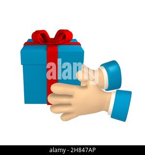 Cartoon Figur Hand mit Geschenkbox. 3D Render Hand des Geschäftsmannes in Klage. Vektorgrafik. Stock Vektor