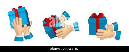 Cartoon Figur Hand mit Geschenkbox. 3D Render Hand des Geschäftsmannes in Klage. Vektorgrafik. Stock Vektor