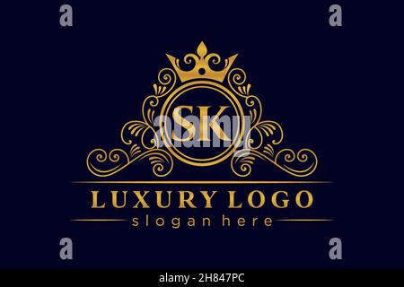 SK Initial Letter Gold kalligraphisch feminin floral handgezeichnetes heraldisches Monogramm antiker Vintage-Stil Luxus-Logo-Design Premium Stock Vektor