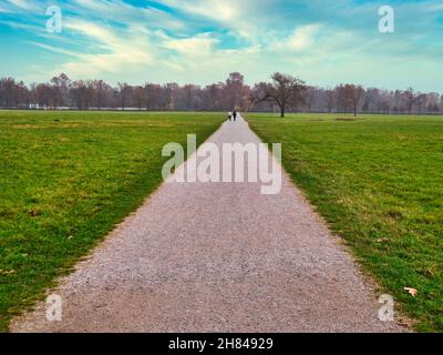 Bäume und Gräser umgeben den Fußweg im Park, Paar zu Fuß im Hintergrund, Park von Monza, Lombardei, Italien Stockfoto