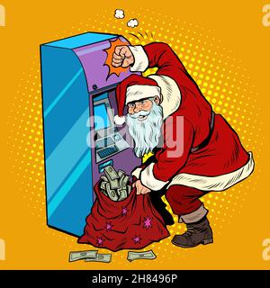 Geldautomat schüttet Geld aus, Weihnachtsmann bekommt einen Weihnachtsfeiertagsbonus Stock Vektor