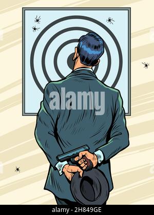 Ein Mann in einem Anzug in einer Schießgalerie mit einer Pistole untersucht das Ziel, das Ergebnis des Schießens Stock Vektor