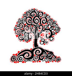 Grafischer abstrakter schwarzer Baum mit roten Herzen. Alles Liebe zum Valentinstag. Vektorgrafik Stock Vektor