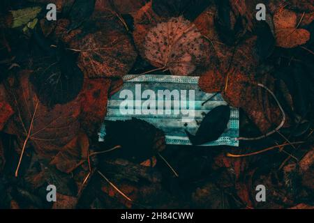 Schmutzige, gebrauchte ausrangierte blaue OP-Maske, die im Stapel von Herbstblättern auf dem Boden liegt Stockfoto