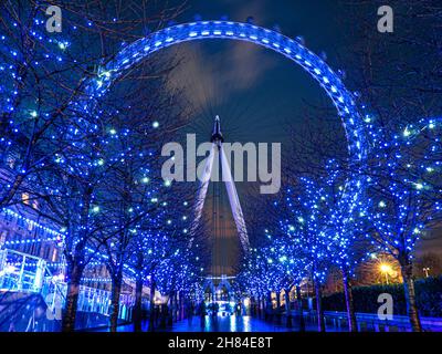 London Eye mit weihnachtlich festlichen blauen funkelnden Baumlichtern bei Nacht South Bank London, England Stockfoto