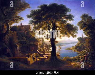 Schloss am Fluss des preußischen Künstlers Karl Friedrich Schinkel (1781-1841), Öl auf Leinwand, 1820 Stockfoto